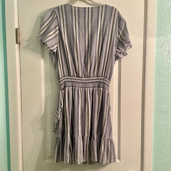 Michael Kors Women’s Short Sleeve Faux Wrap Dress Dark Chambray Blue Stripes Lg - Picture 2 of 11